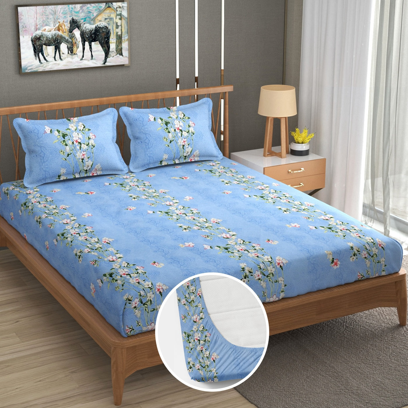 Furnofy 140 GSM Fitted King Size Bedsheet (78"x72" + 6" Pocket Size) with 2 Pillow Covers (18x27 inches) - Floral, Blue