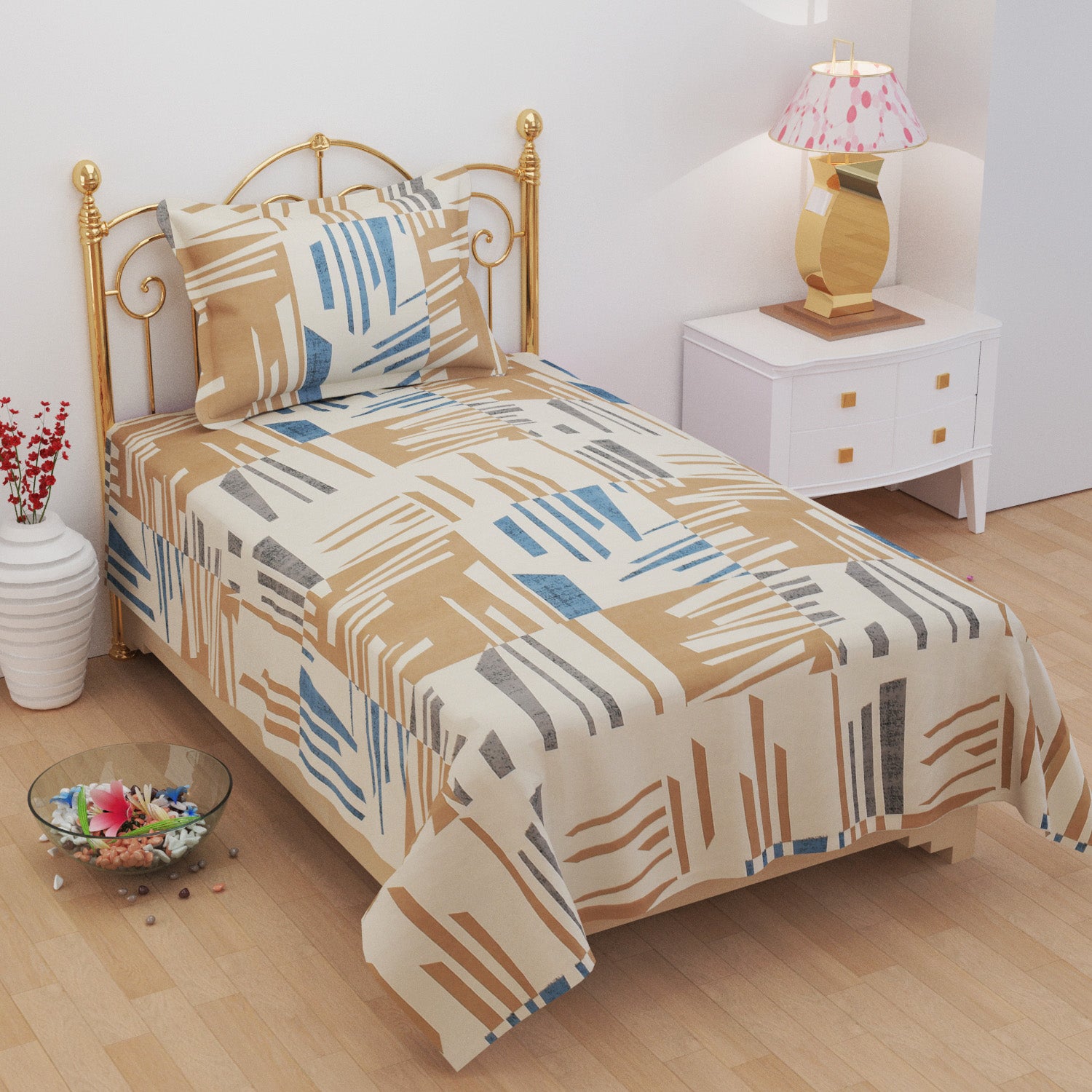 Furnofy 140 GSM Flat Single Bedsheet (60x90 inches) with Pillow Cover (18x 27 inches) Abstract Light Multicolors