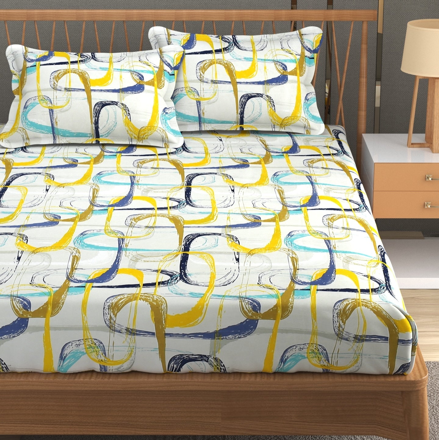 Furnofy 140 GSM Premium Double Bedsheet (90x100 Inches) with 2 Pillow Covers – Flat, Geometric Print, Soft & Durable
