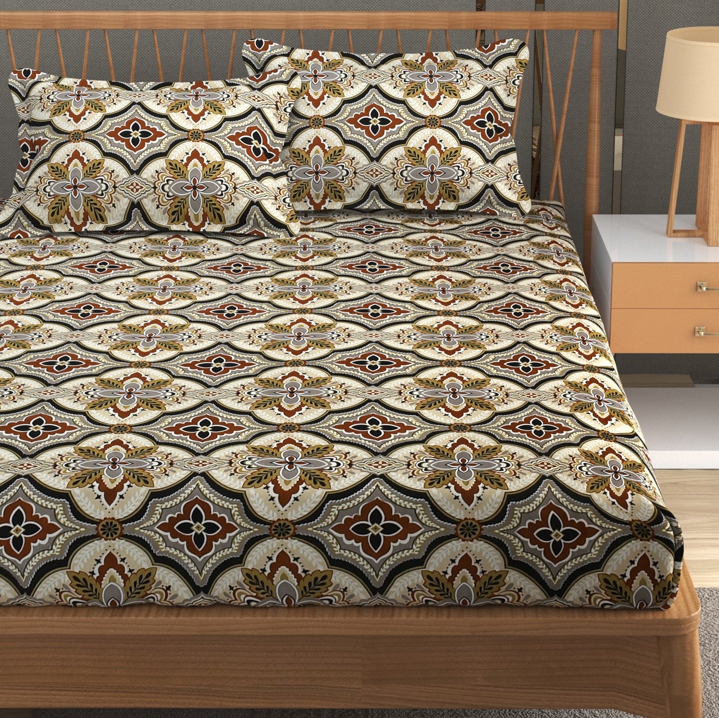 Furnofy Premium Printed Double Bedsheet (90x100 Inches) with 2 Pillow Covers (Flat, Geometric) - Multicolor