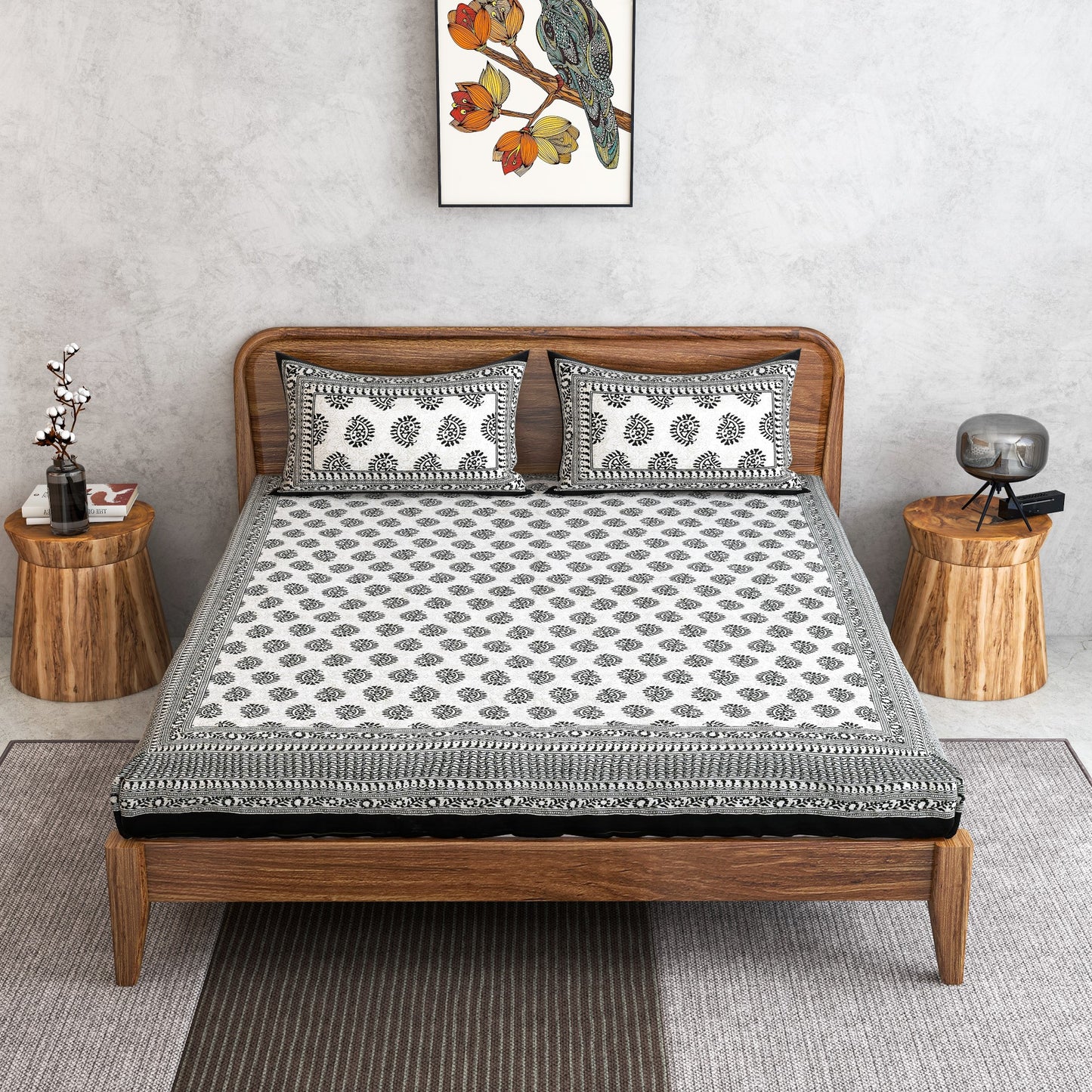 Furnofy 100% Cotton Traditional Jaipuri Print King Size Bedsheet (90x108 Inches) with 2 Matching Pillow Covers – Flat, Black Keri