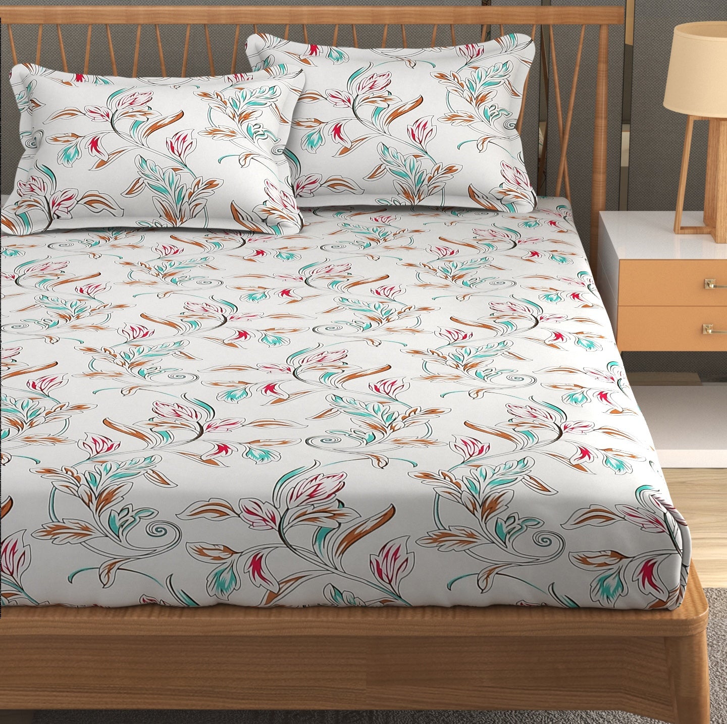 Furnofy Premium Printed Double Bedsheet (90x100 Inches) with 2 Pillow Covers (Flat, Floral) - White