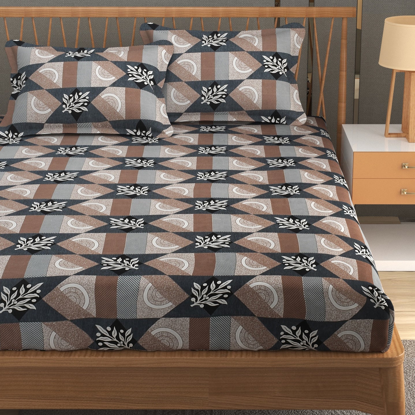 Furnofy Premium Printed Double Bedsheet (90x100 Inches) with 2 Pillow Covers (Flat, Floral) - Brown & Black