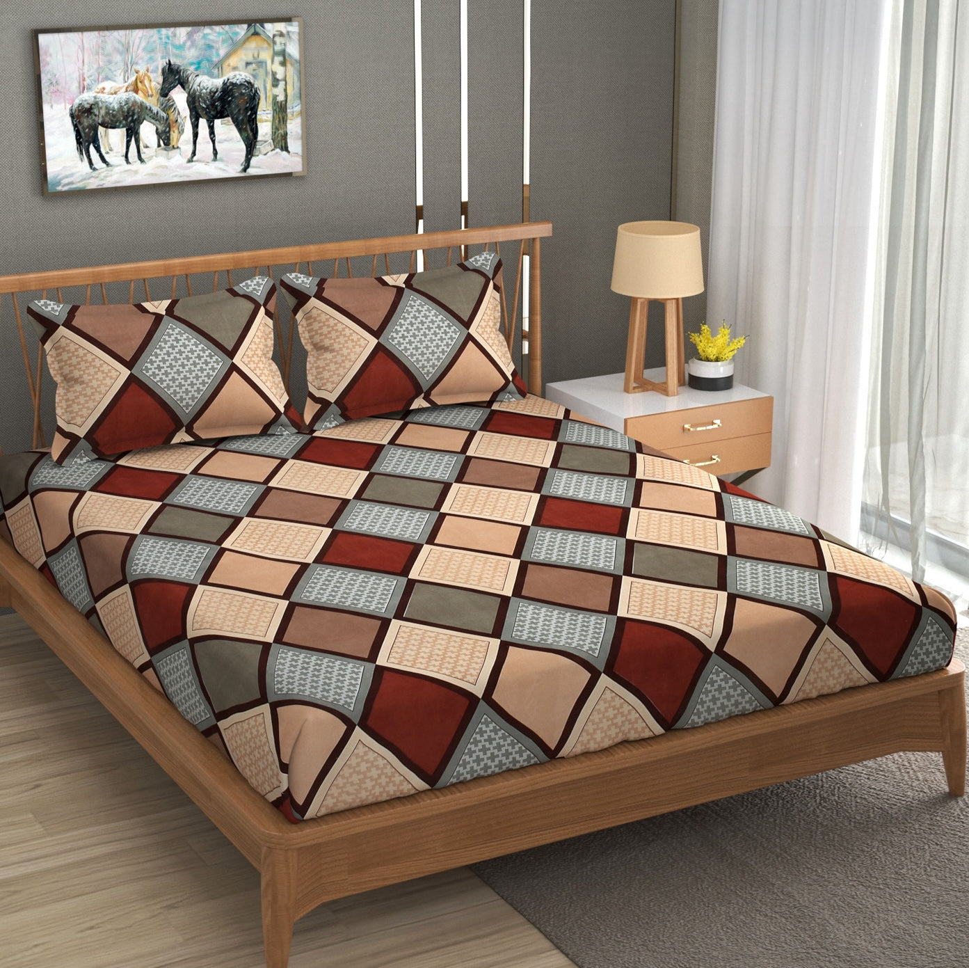 Furnofy 140 GSM Flat Double Bedsheet (90x100 inches) with 2 Pillow Covers (18x 27 inches) - Geometric Multicolors