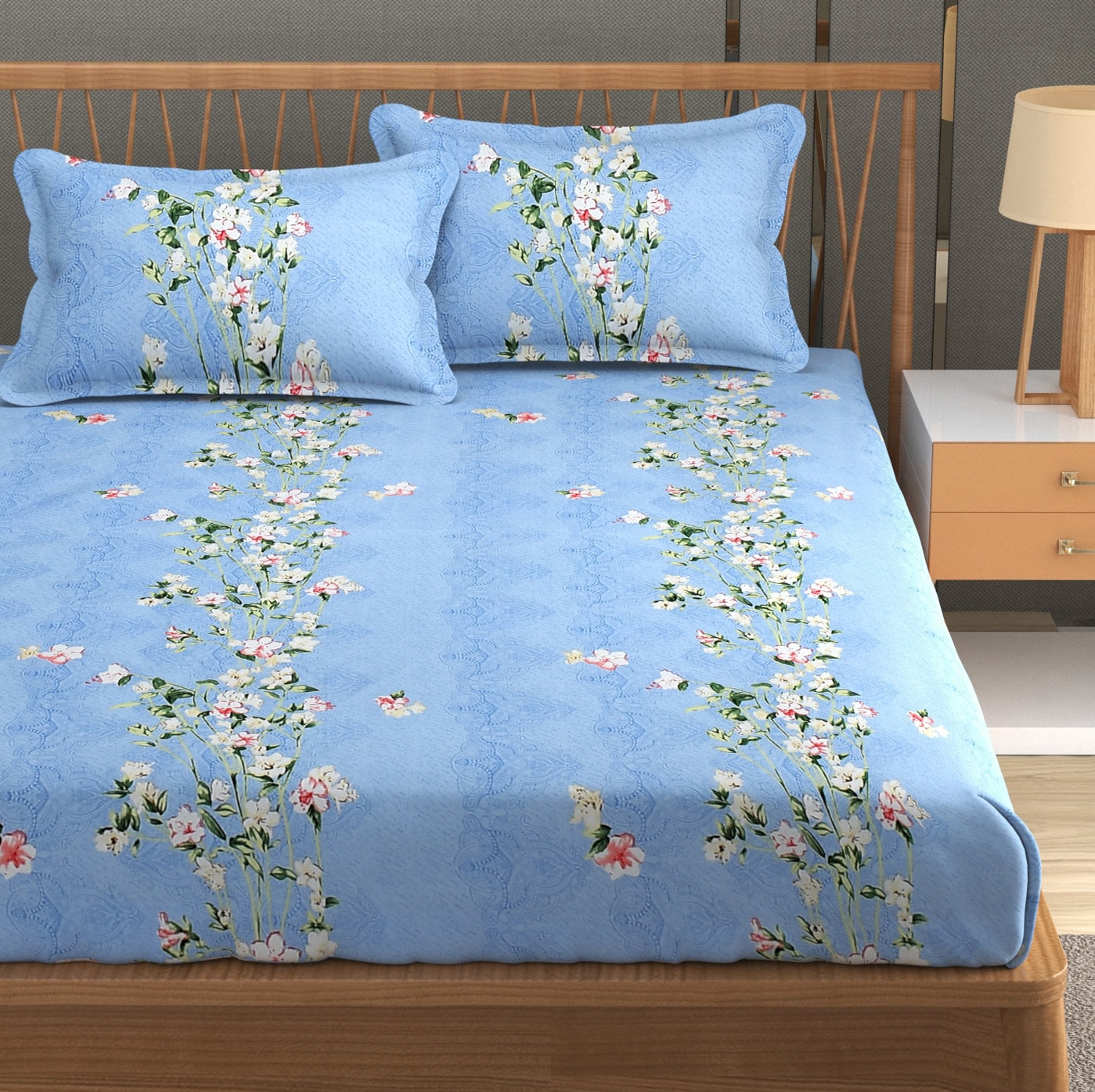 Furnofy 140 GSM Fitted King Size Bedsheet (78"x72" + 6" Pocket Size) with 2 Pillow Covers (18x27 inches) - Floral, Blue