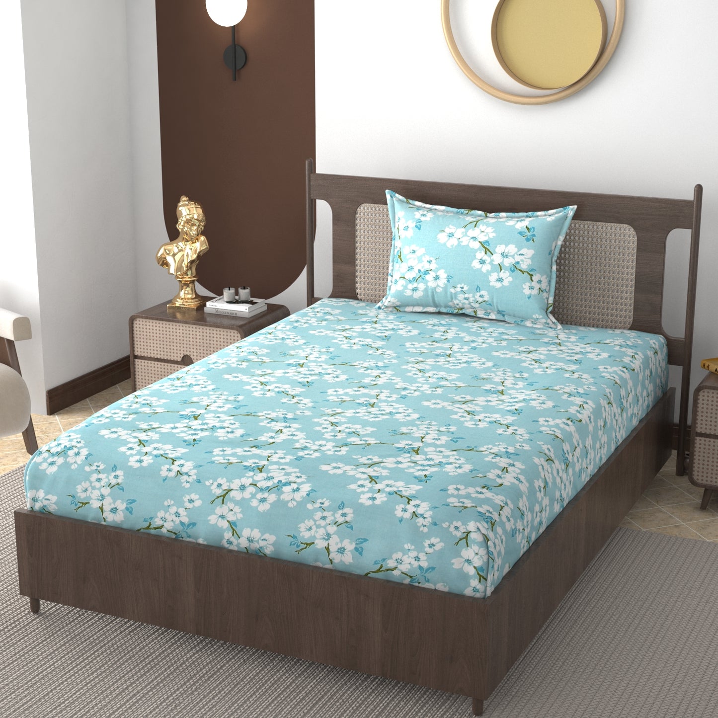 Furnofy 140 GSM Flat Single Bedsheet (60x90 inches) with 1 Pillow Cover (18x 27 inches) - Abstract Sky Blue