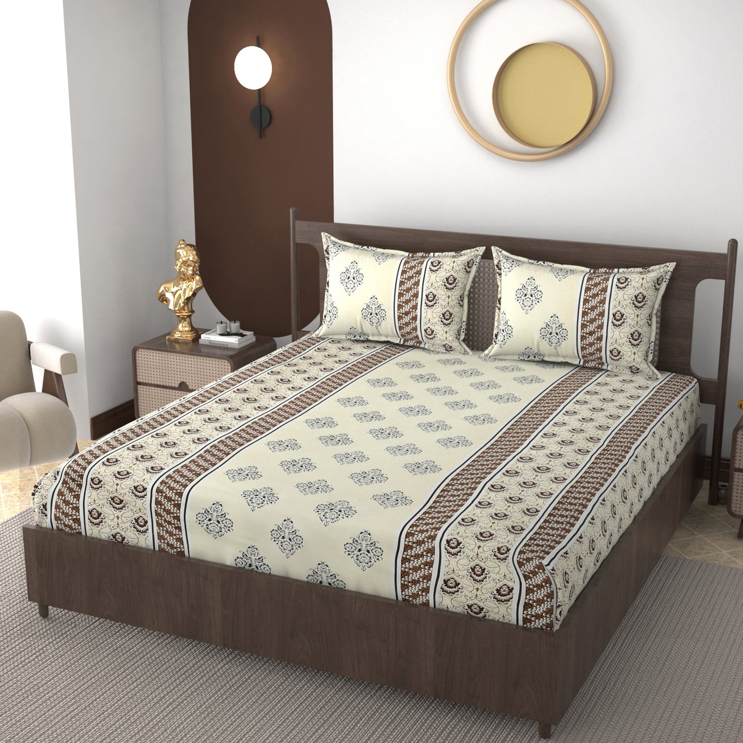 Furnofy 140 GSM Flat Double Bedsheet (90x100 inches) with 2 Pillow Covers (18x 27 inches) - Motif