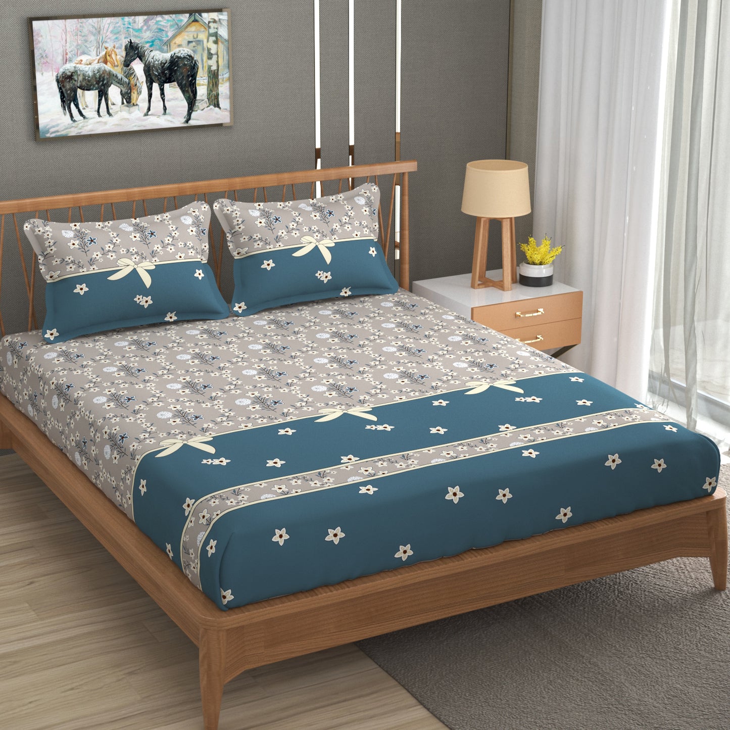 Furnofy Premium King Bedsheet with 2 Pillow Covers (108x108 Inches) - Flat, Grey & Aqua Green, Knot Print