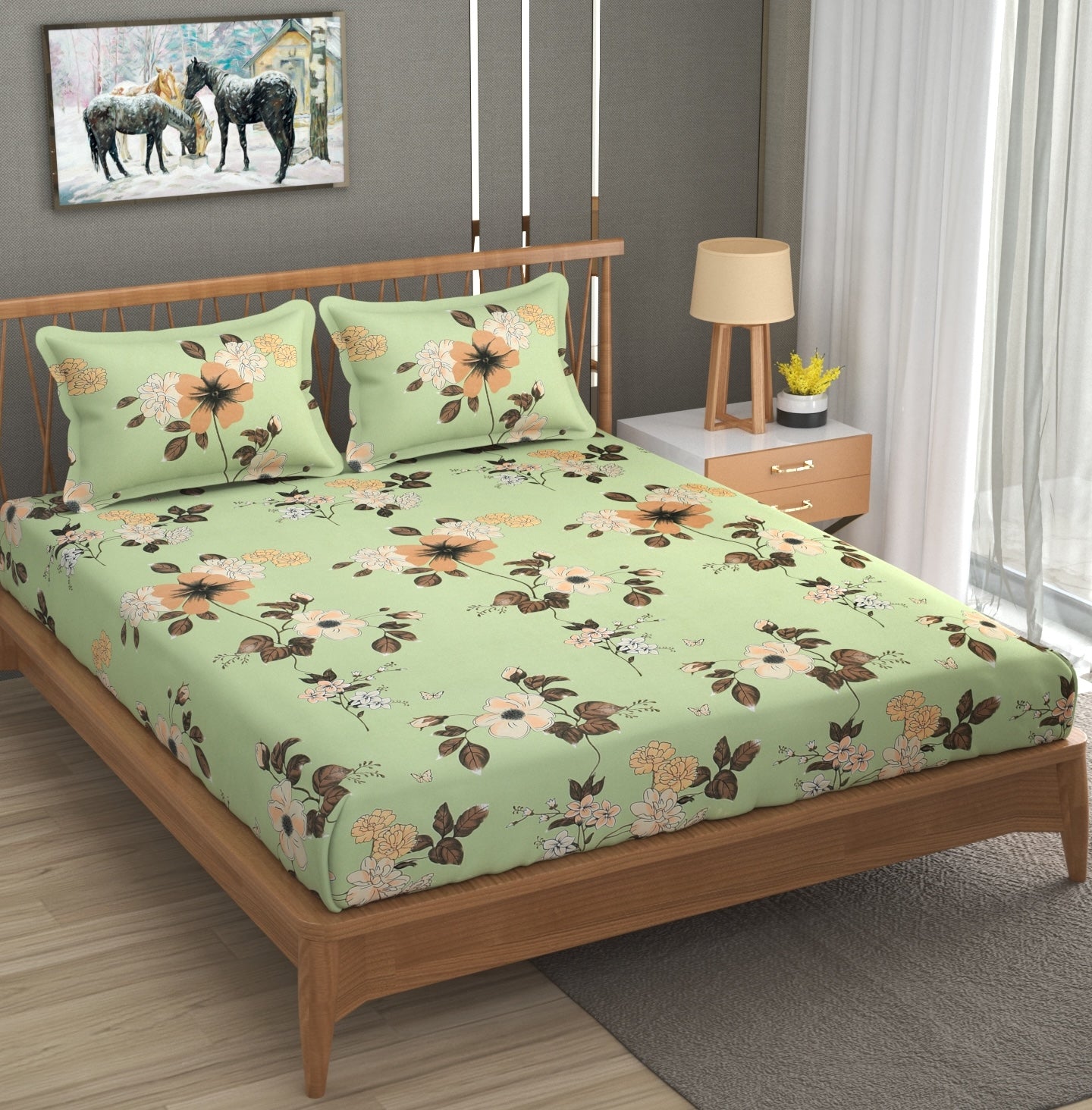 Furnofy 140 GSM Premium Double Bedsheet (90x100 Inches) with 2 Pillow Covers - Flat, Olive Green, Soft & Durable