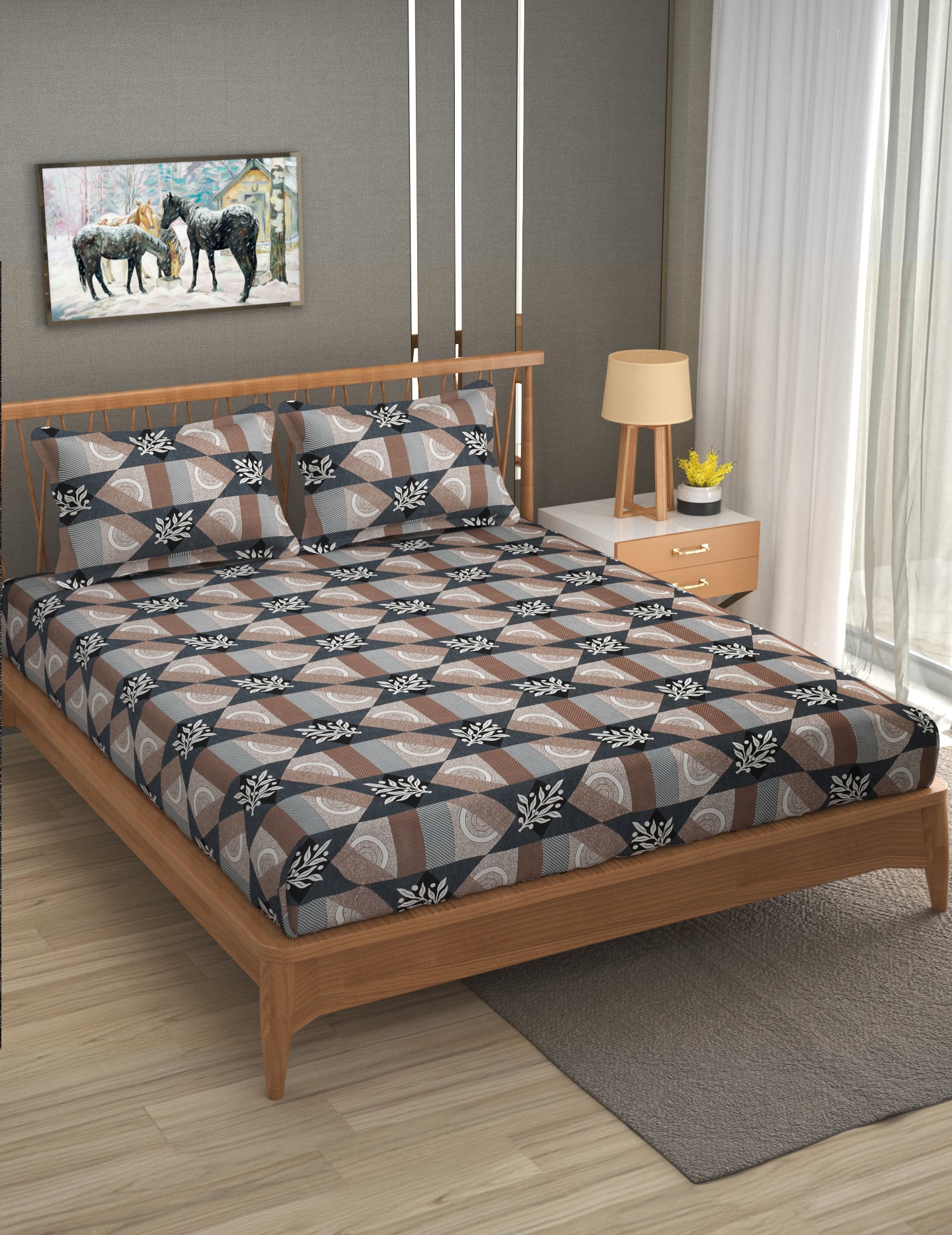 Furnofy Premium Printed Double Bedsheet (90x100 Inches) with 2 Pillow Covers (Flat, Floral) - Brown & Black
