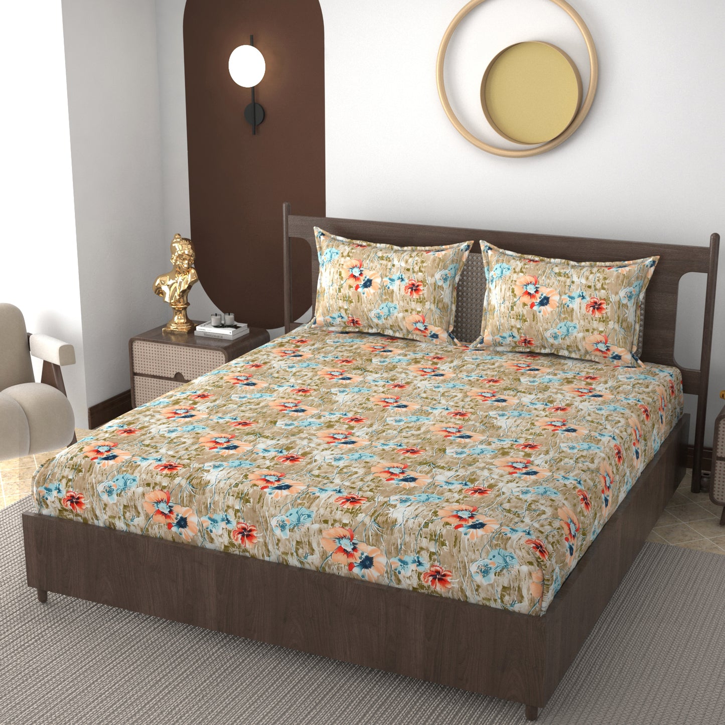 Furnofy 140 GSM Flat Double Bedsheet (90x100 inches) with 2 Pillow Covers (18x 27 inches) - Floral Multicolors