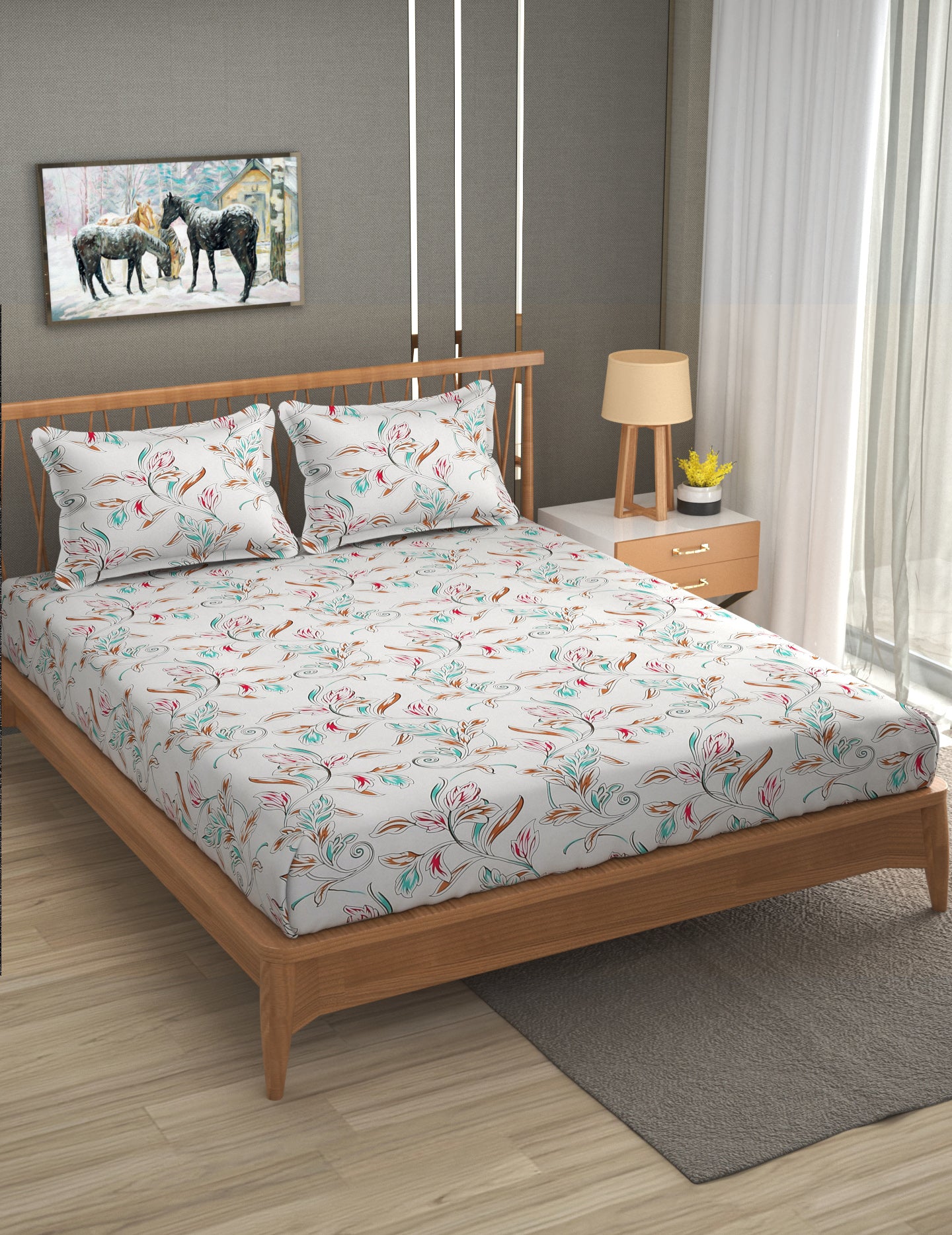 Furnofy Premium Printed Double Bedsheet (90x100 Inches) with 2 Pillow Covers (Flat, Floral) - White