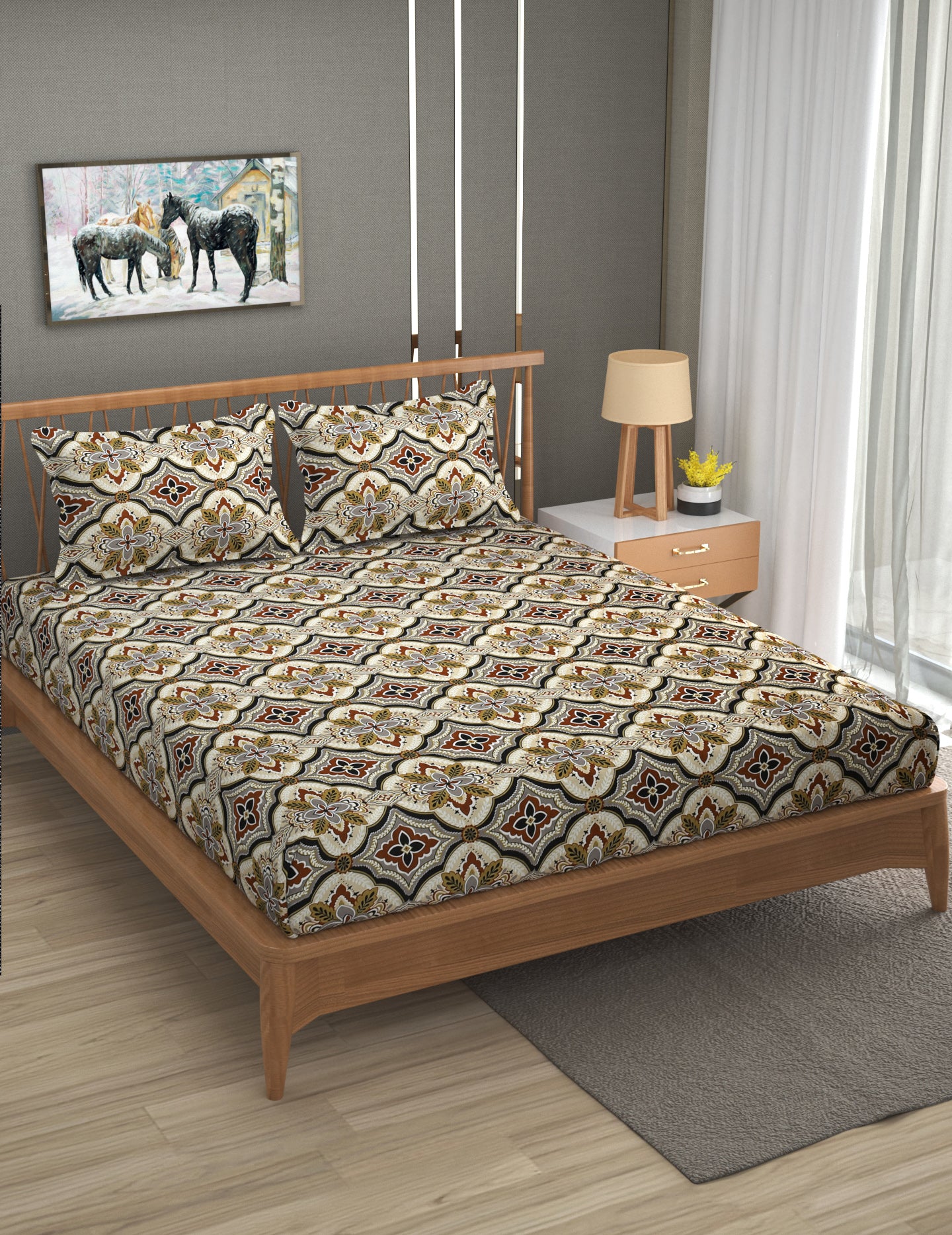 Furnofy Premium Printed Double Bedsheet (90x100 Inches) with 2 Pillow Covers (Flat, Geometric) - Multicolor