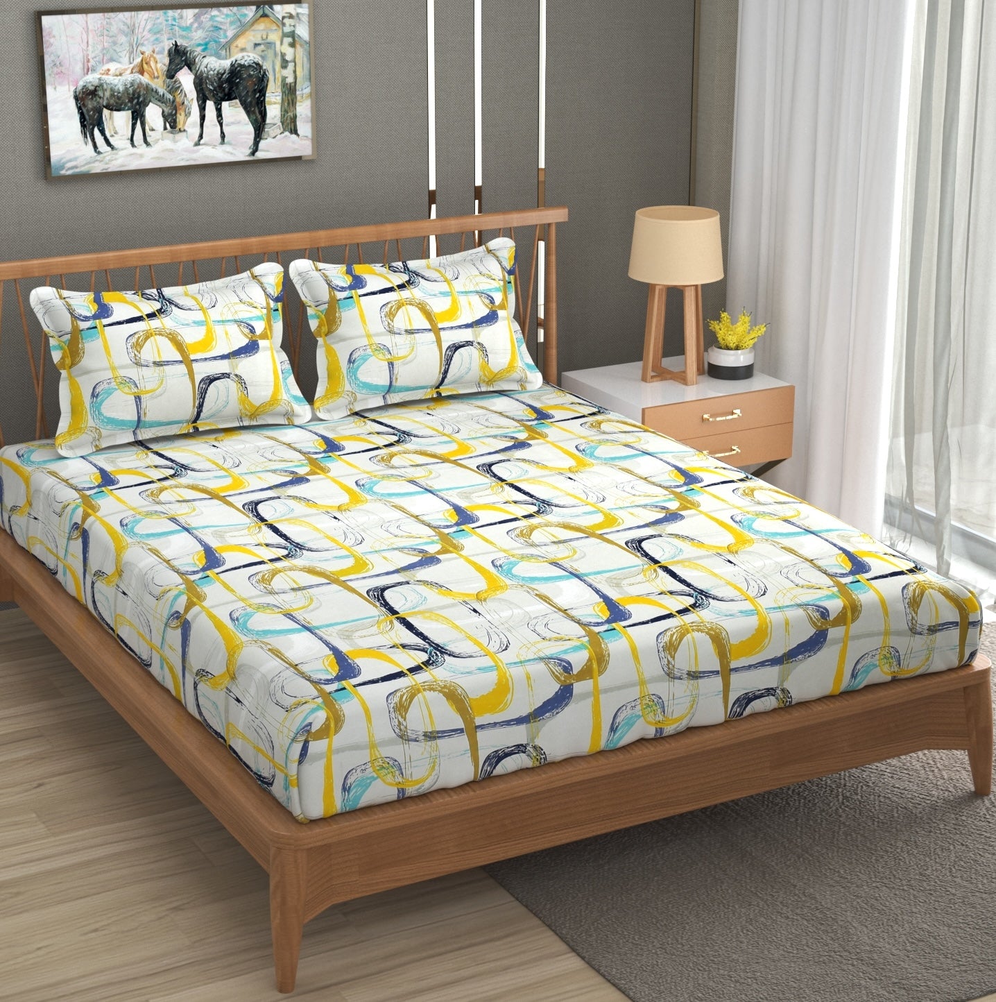 Furnofy 140 GSM Premium Double Bedsheet (90x100 Inches) with 2 Pillow Covers – Flat, Geometric Print, Soft & Durable