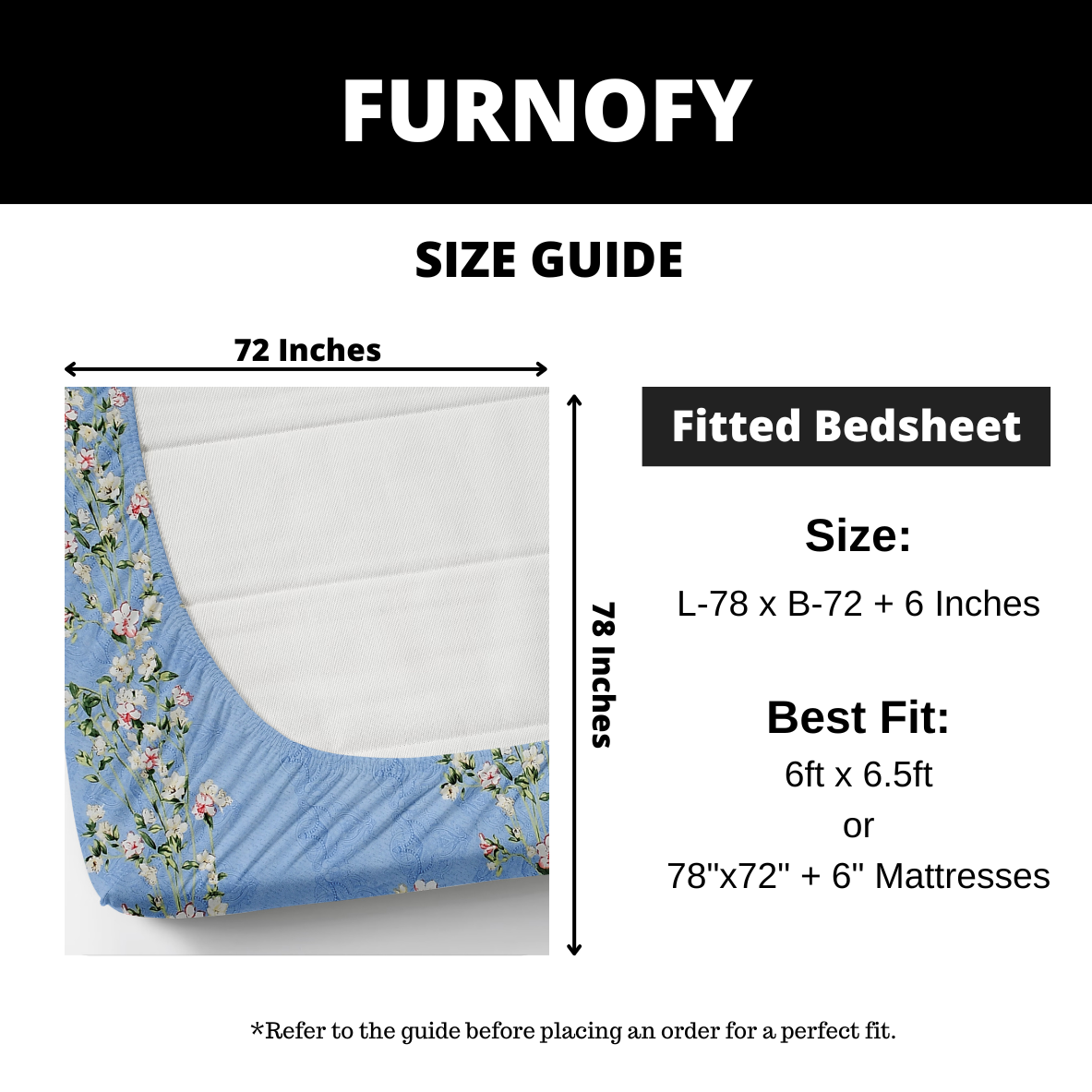 Furnofy 140 GSM Fitted King Size Bedsheet (78"x72" + 6" Pocket Size) with 2 Pillow Covers (18x27 inches) - Floral, Blue