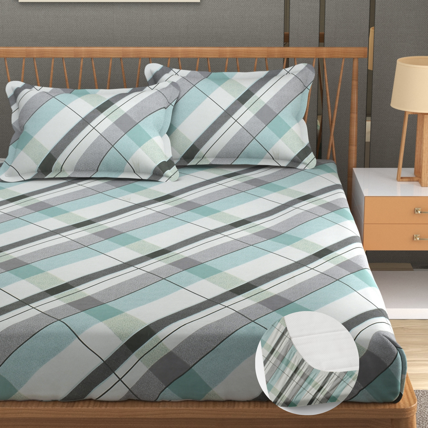 Furnofy Premium Fitted Double Bedsheet with 2 Pillow Covers (L-78" x B-72" + 6" Pocket) - Fitted, White & Aqua