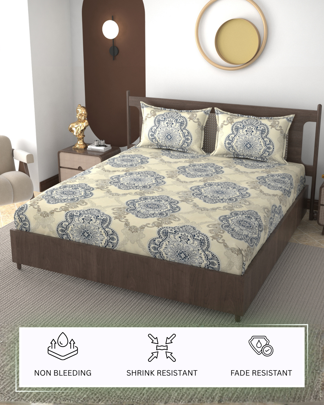 Furnofy 140 GSM Fitted  Double Bedsheet (78"x72" + 6" Pocket Size) with 2 Pillow Covers (18x27 inches) - Abstract Cream