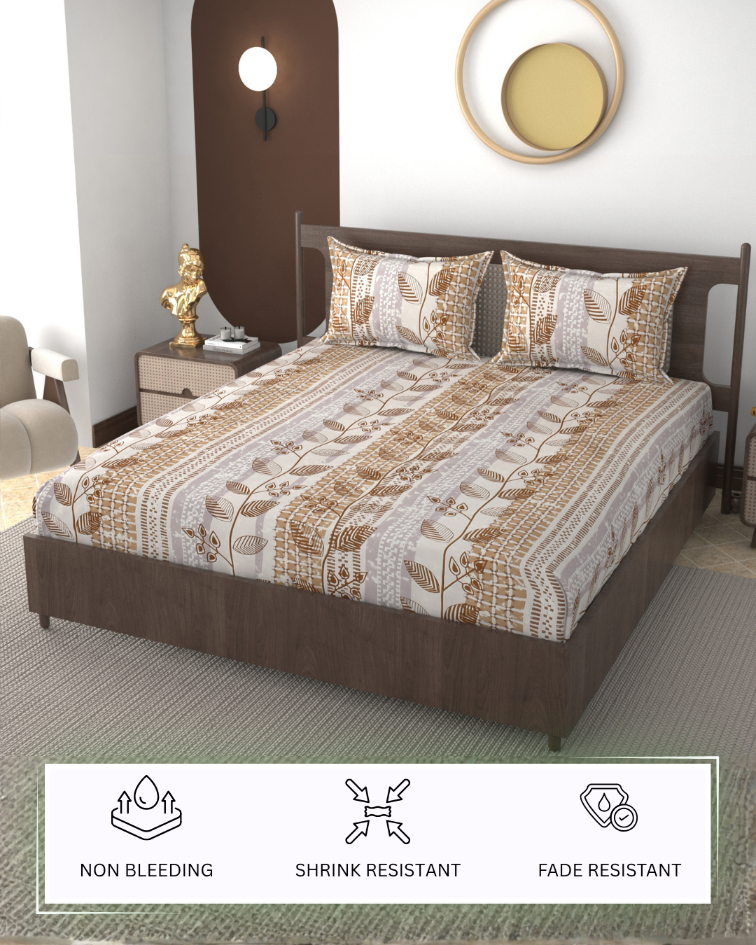 Furnofy 140 GSM Fitted  Double Bedsheet (78"x72" + 6" Pocket Size) with 2 Pillow Covers (18x27 inches)