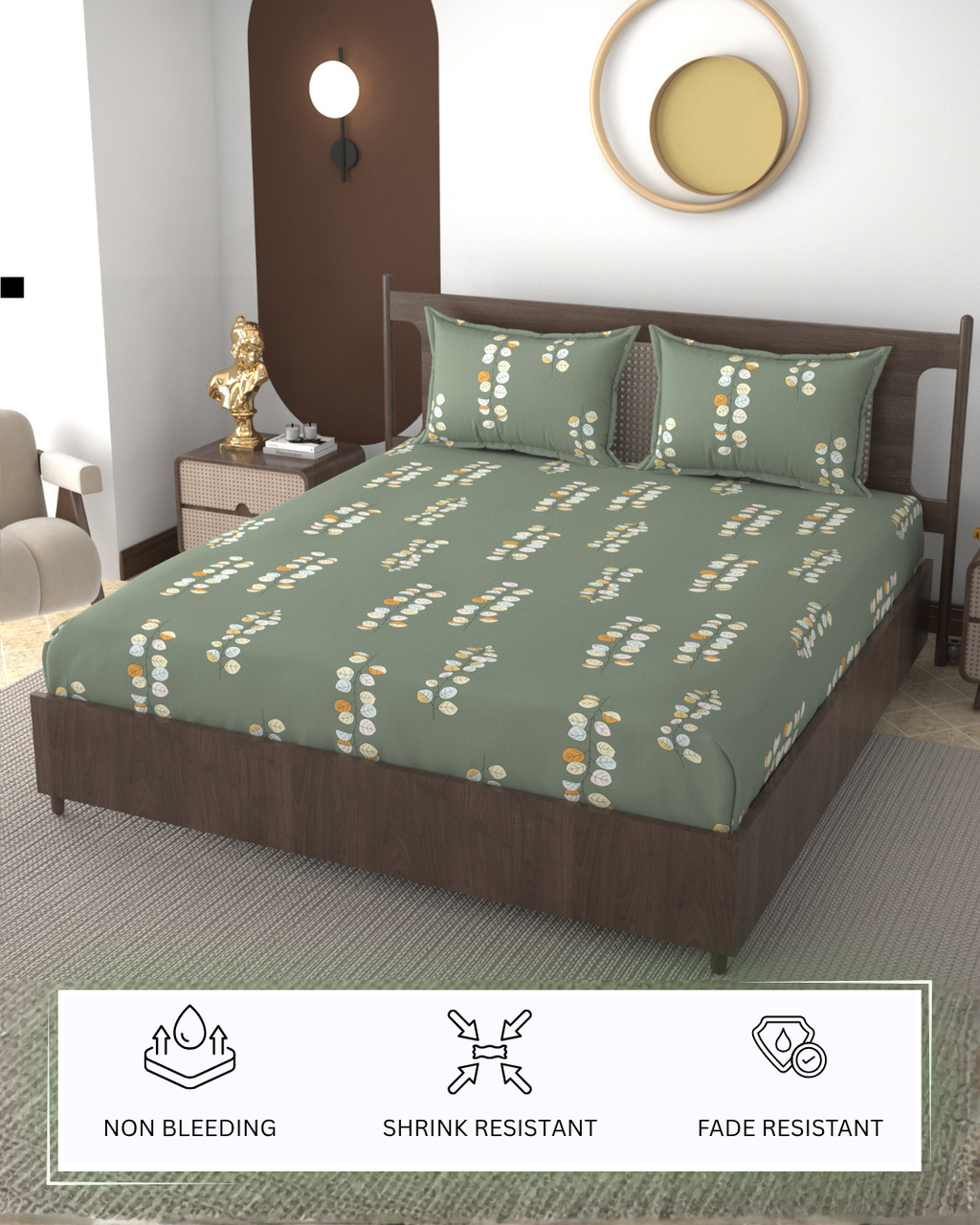 Furnofy 140 GSM Flat King Size Bedsheet (108 x 108 inches) with 2 Pillow Covers (18 x 27 inches) - Abstract Green