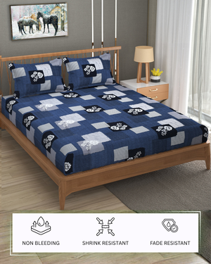 Furnofy Super Premium Printed King Bedsheet (108x108 Inches) with 2 Pillow Covers (Gift Set) - Flat, Blue & Black