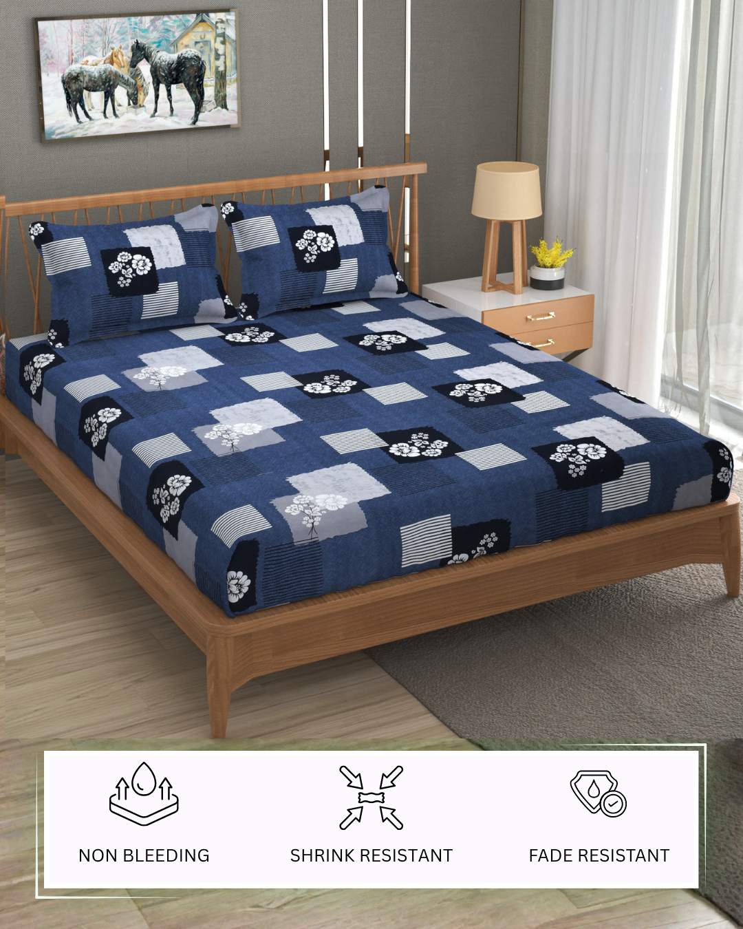 Furnofy Super Premium Printed King Bedsheet (108x108 Inches) with 2 Pillow Covers (Gift Set) - Flat, Blue & Black