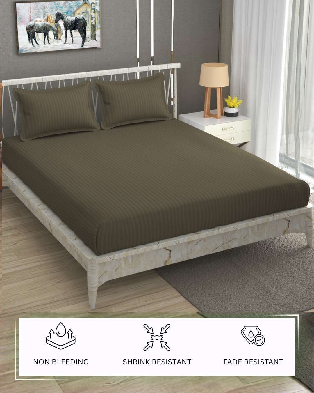 Furnofy Premium King Bedsheet with 2 Pillow Covers (108x108 Inches) - Satin Stripe, Olive Green