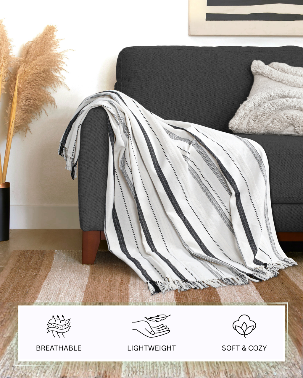 Furnofy Cotton Sofa Throws for Home Decor (127 x 152) Cms - White Stripe