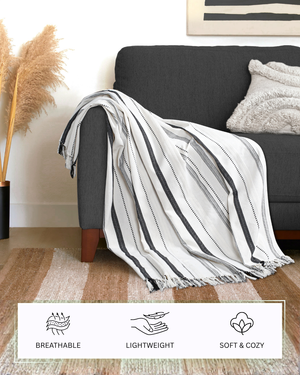 Furnofy Cotton Sofa Throws for Home Decor (127 x 152) Cms - White Stripe