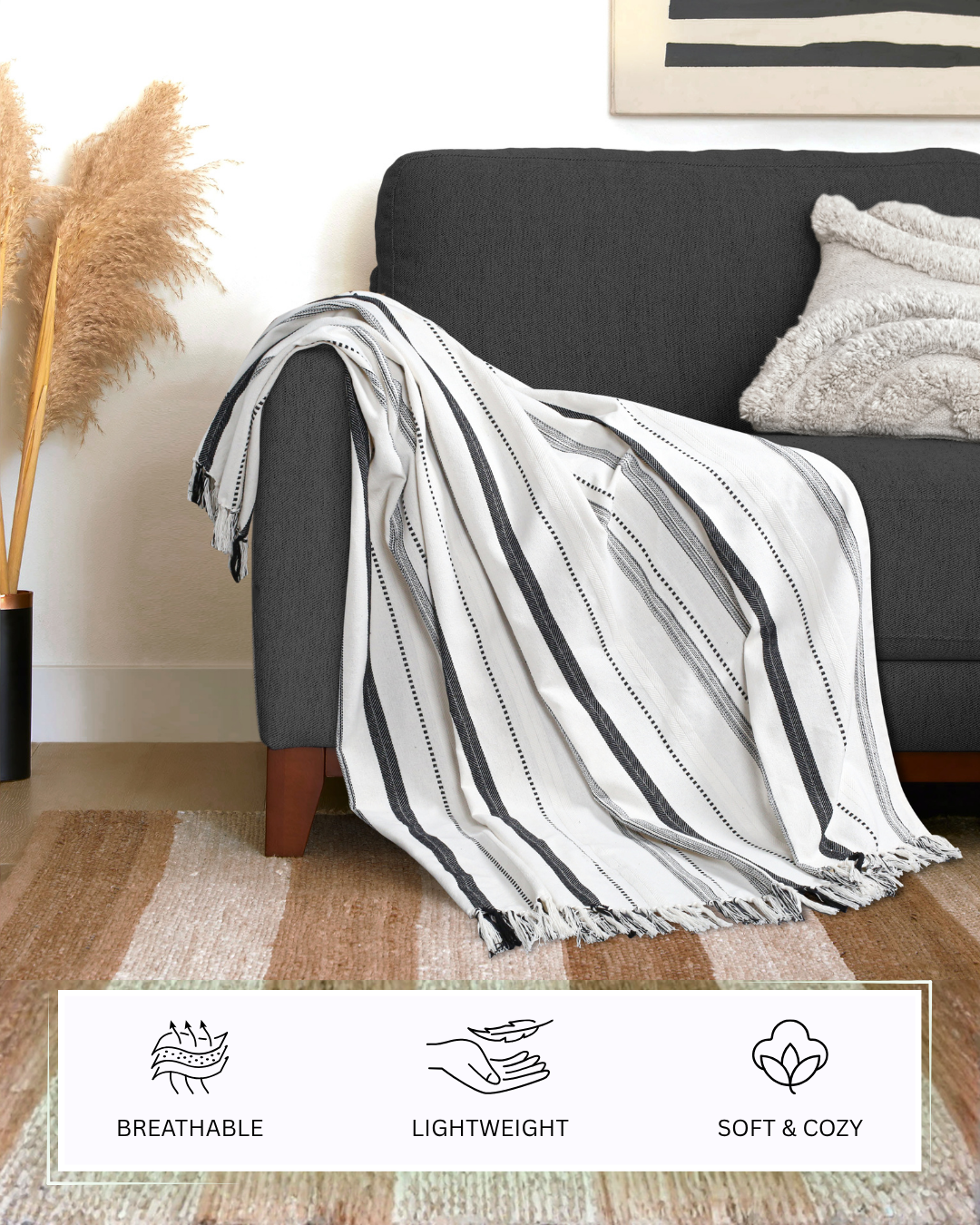Furnofy Cotton Sofa Throws for Home Decor (127 x 152) Cms - White Stripe