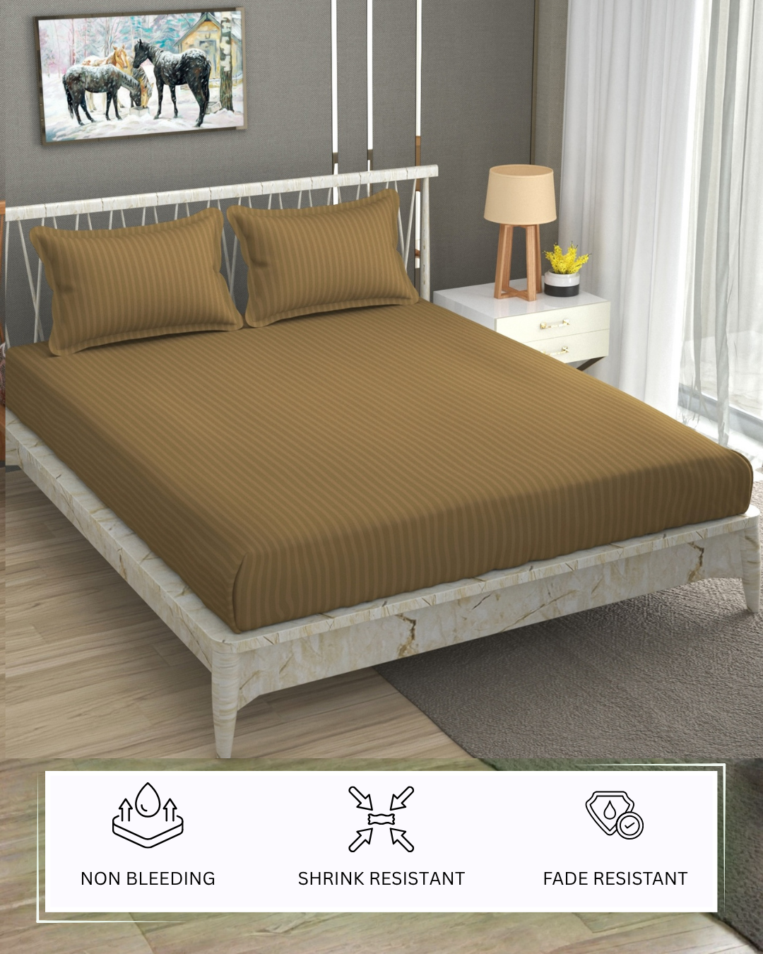 Furnofy Premium King Bedsheet with 2 Pillow Covers (108x108 Inches) - Satin Stripe, Camel