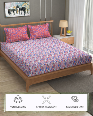 Furnofy Premium Cordinated King Bedsheet with 2 Pillow Covers (108x108 Inches) - Flat, Pink & Blue, Line Print