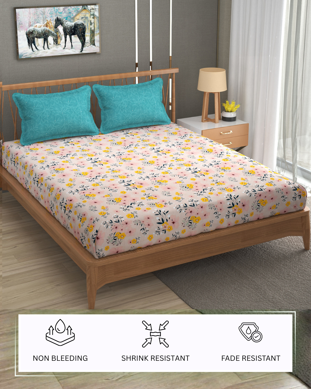 Furnofy Premium Cordinated King Bedsheet with 2 Pillow Covers (108x108 Inches) - Flat, Peach Sky Green, Floral
