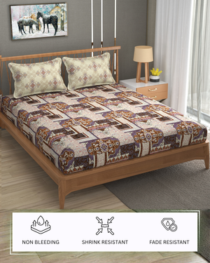 Furnofy Premium Cordinated King Bedsheet with 2 Pillow Covers (108x108 Inches) - Flat, Multi, Antique print