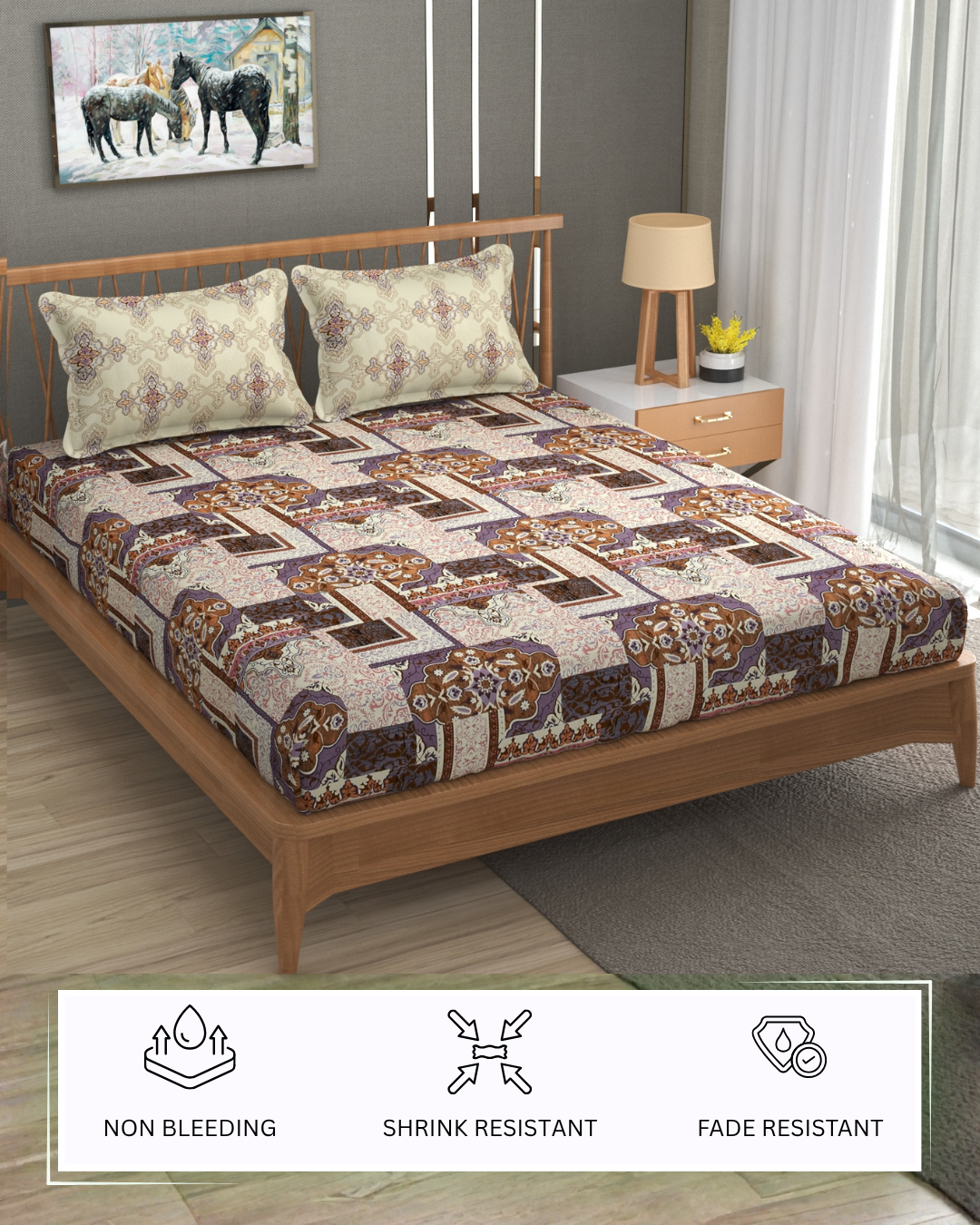 Furnofy Premium Cordinated King Bedsheet with 2 Pillow Covers (108x108 Inches) - Flat, Multi, Antique print