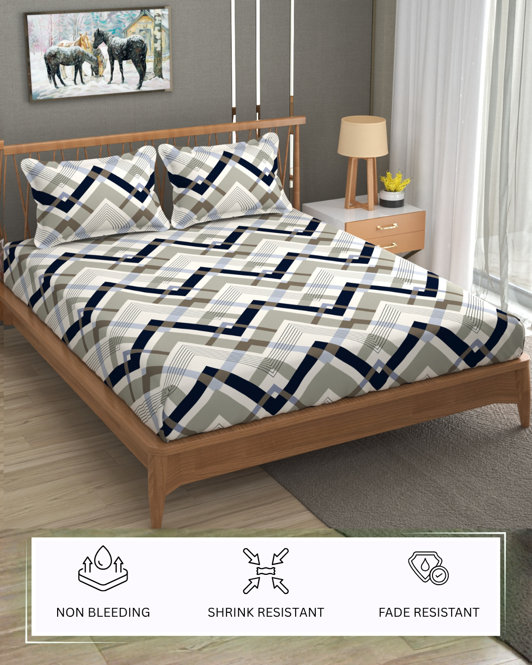 Furnofy Premium King Bedsheet with 2 Pillow Covers (108x108 Inches) - Flat, Grey & White, Wave Print