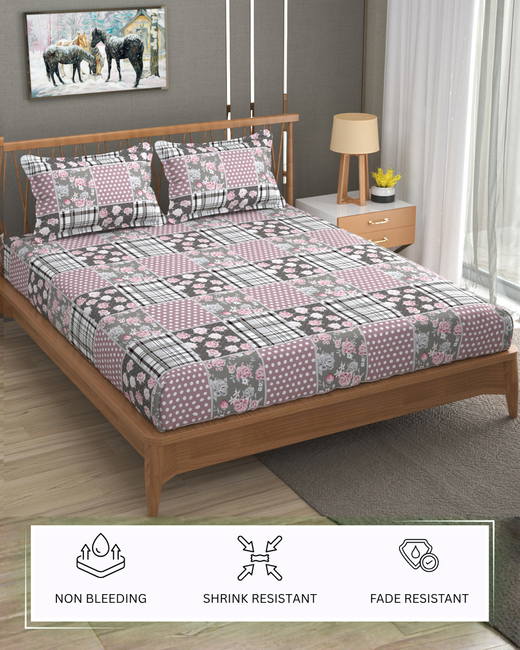 Furnofy 140 GSM Flat King Size Bedsheet (108 x 108 inches) with 2 Pillow Covers (18 x 27 inches) - All Around Wave Print- Pink - Floral