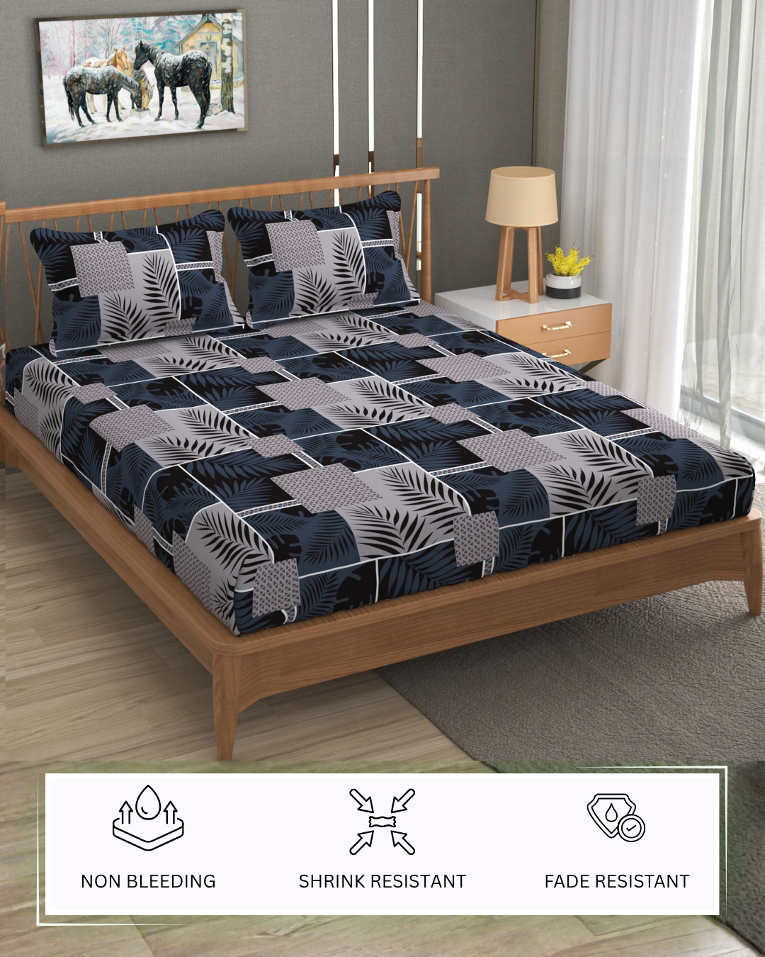 Furnofy 140 GSM Flat King Size Bedsheet (108 x 108 inches) with 2 Pillow Covers (18 x 27 inches) - Black - Floral