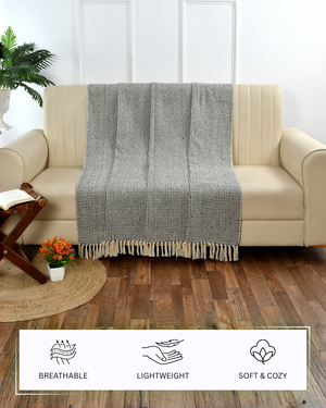 Furnofy Cotton Hand Knitted Throw Blanket (50 x 60 Inches), Black & White