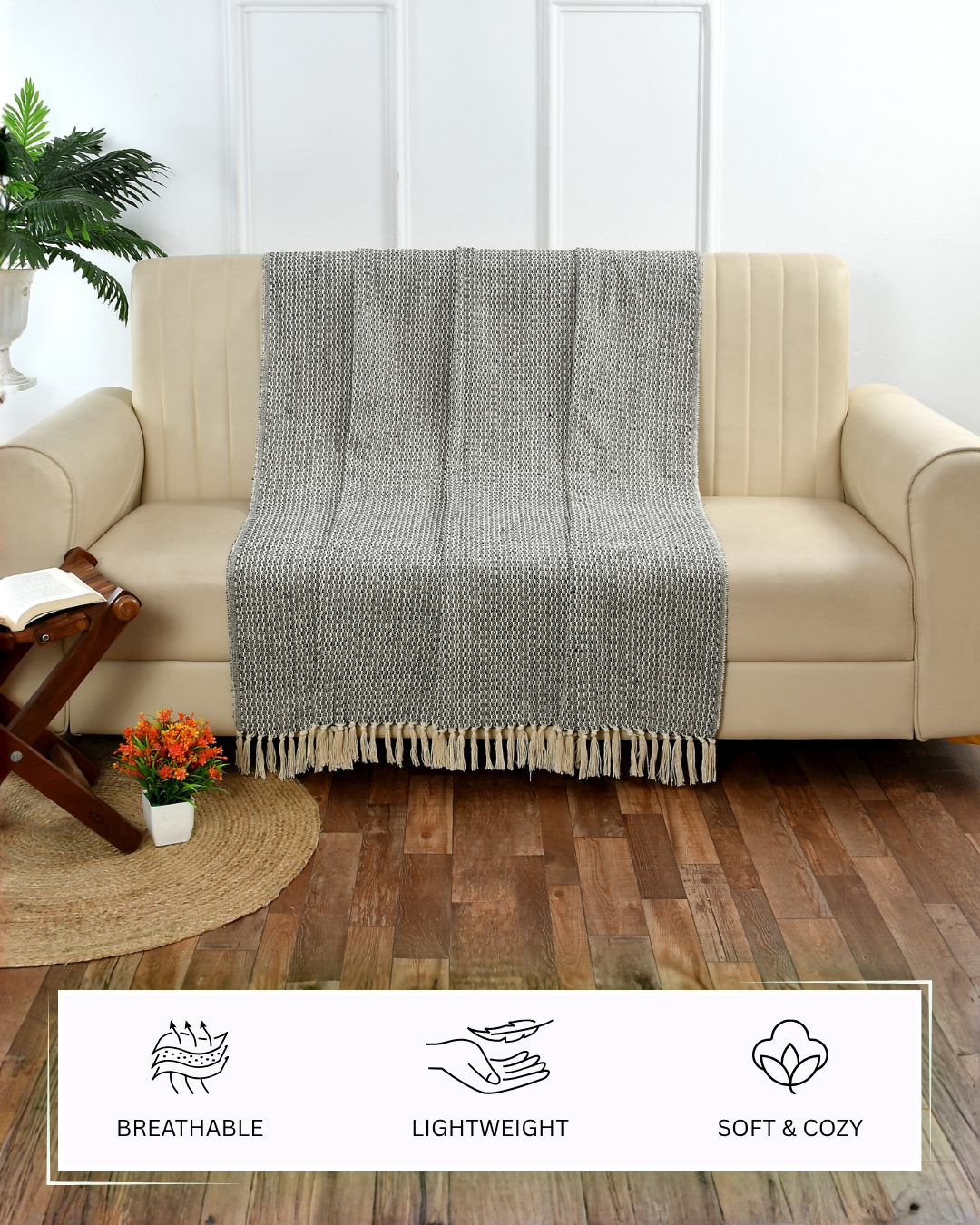 Furnofy Cotton Hand Knitted Throw Blanket (50 x 60 Inches), Black & White