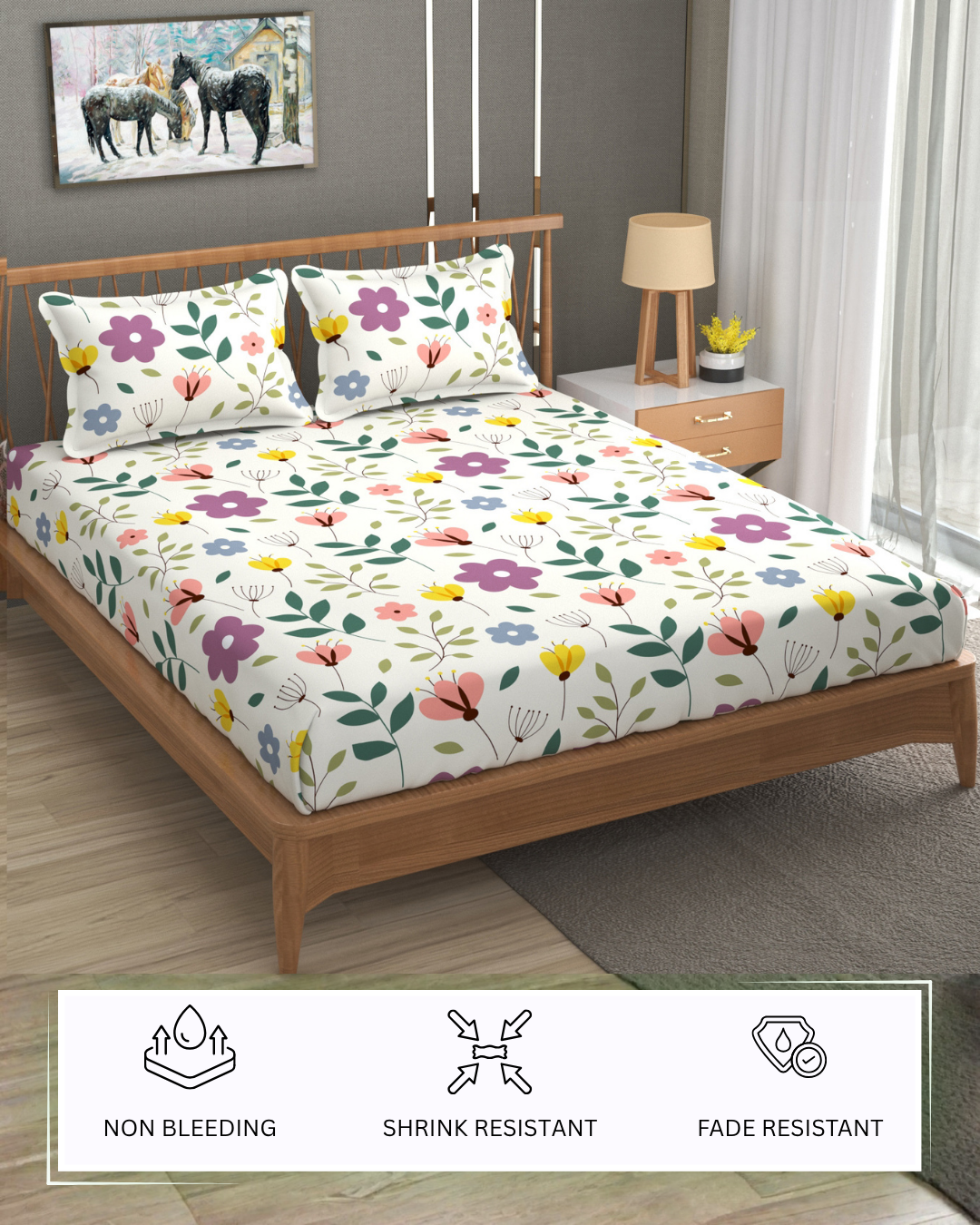 Furnofy 140 GSM Flat King Size Bedsheet (108 x 108 inches) with 2 Pillow Covers (18 x 27 inches) - White - Floral