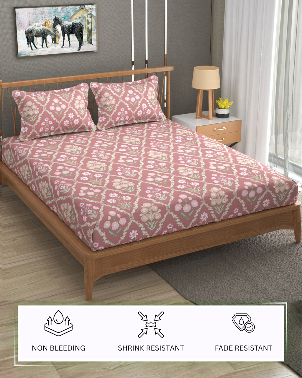 Furnofy 140 GSM Flat King Size Bedsheet (108 x 108 inches) with 2 Pillow Covers (18 x 27 inches) - Pink - Floral