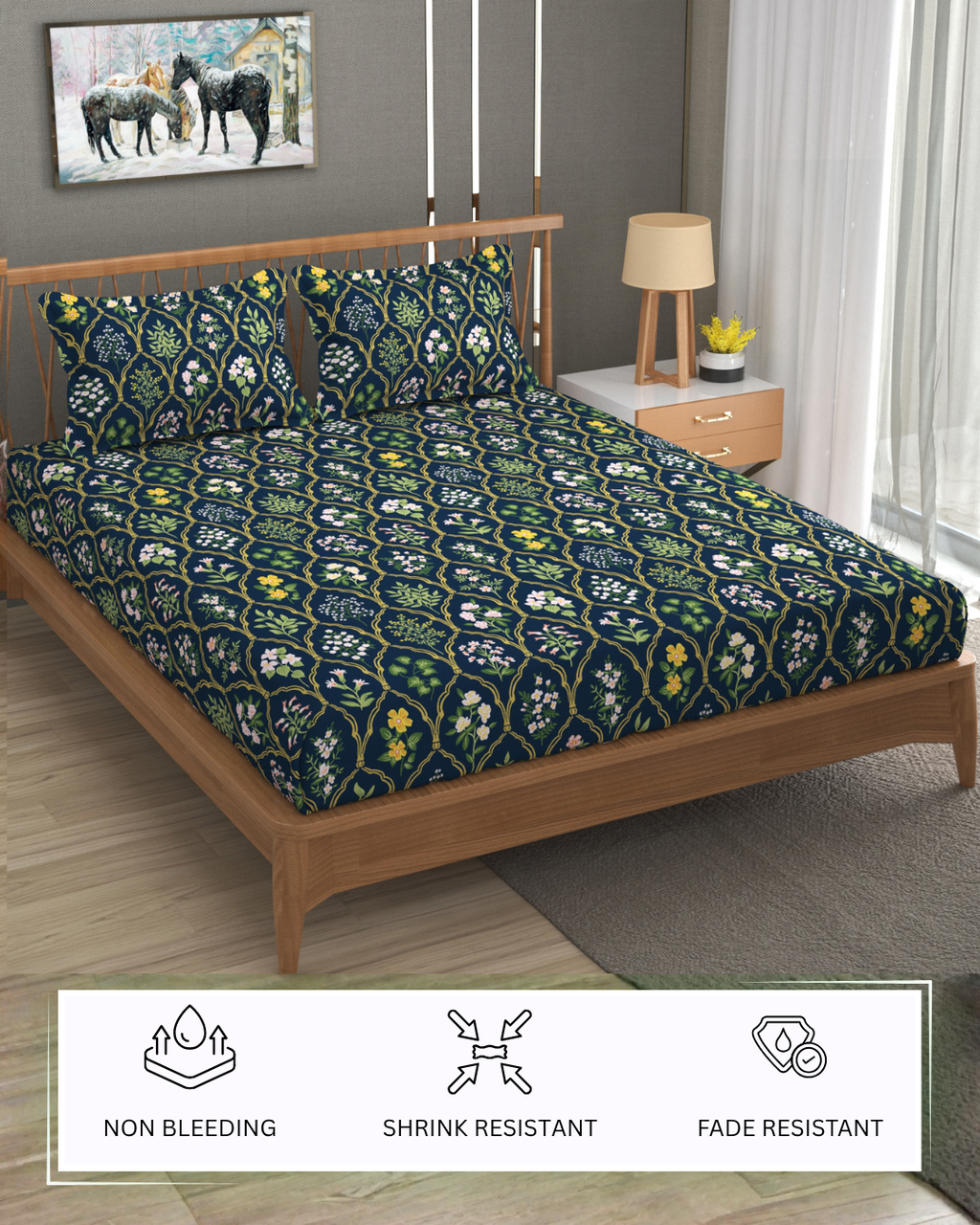 Furnofy 140 GSM Flat King Size Bedsheet (108 x 108 inches) with 2 Pillow Covers (18 x 27 inches) - Green - Floral