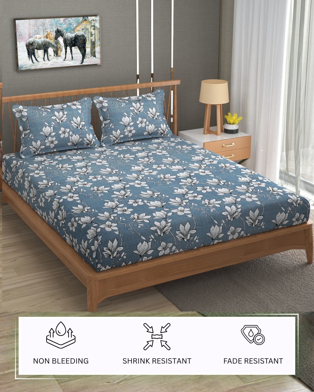 Furnofy 140 GSM Flat King Size Bedsheet (108 x 108 inches) with 2 Pillow Covers (18 x 27 inches) - Floral, Blue