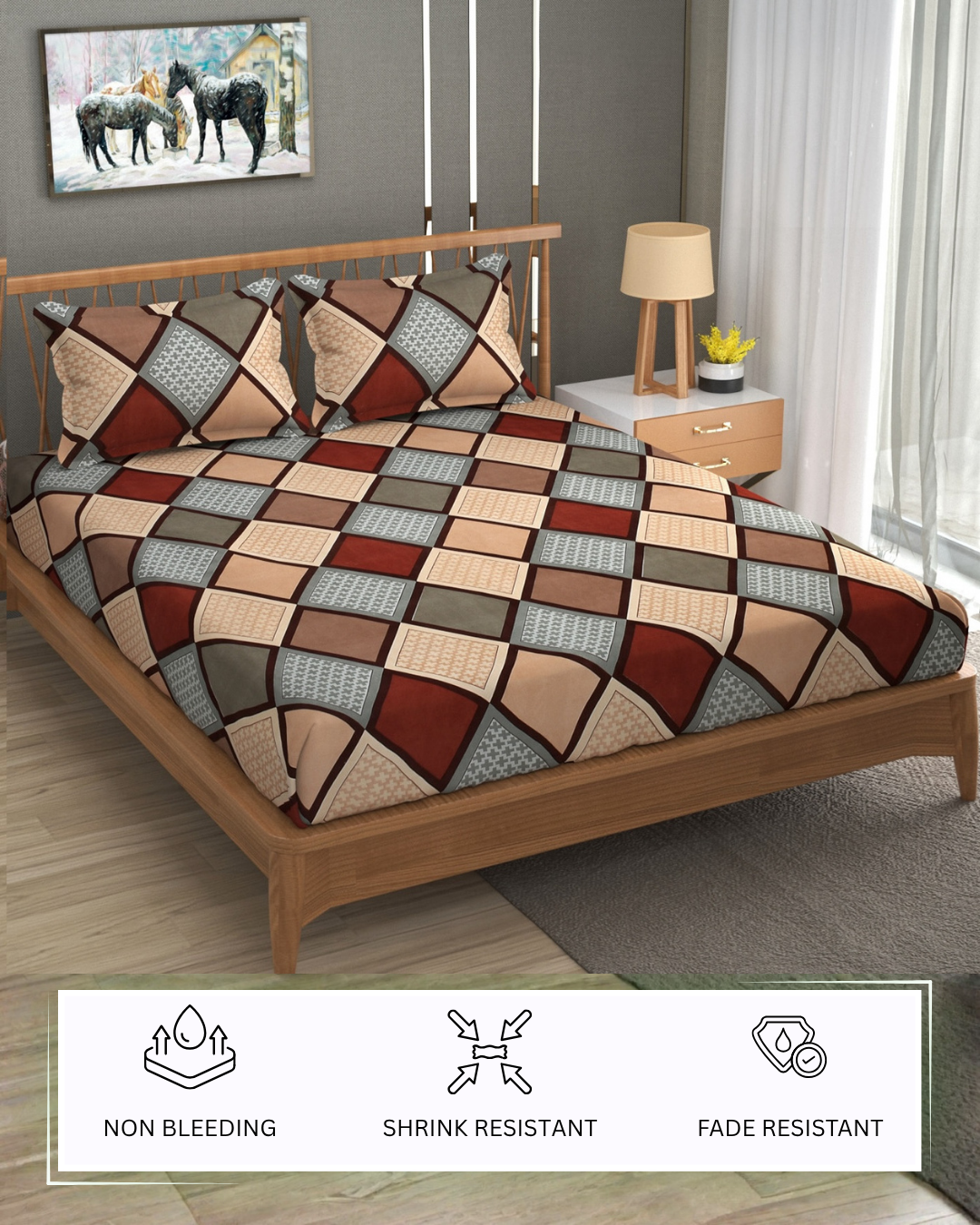 Furnofy 140 GSM Flat Double Bedsheet (90x100 inches) with 2 Pillow Covers (18x 27 inches) - Geometric Multicolors