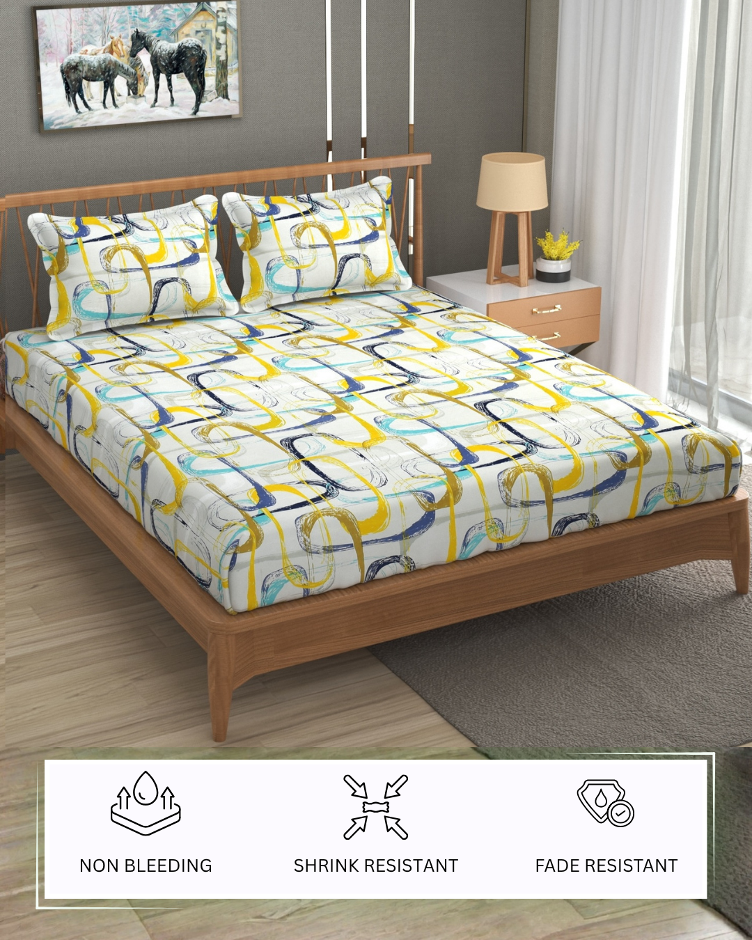 Furnofy 140 GSM Premium Double Bedsheet (90x100 Inches) with 2 Pillow Covers – Flat, Geometric Print, Soft & Durable