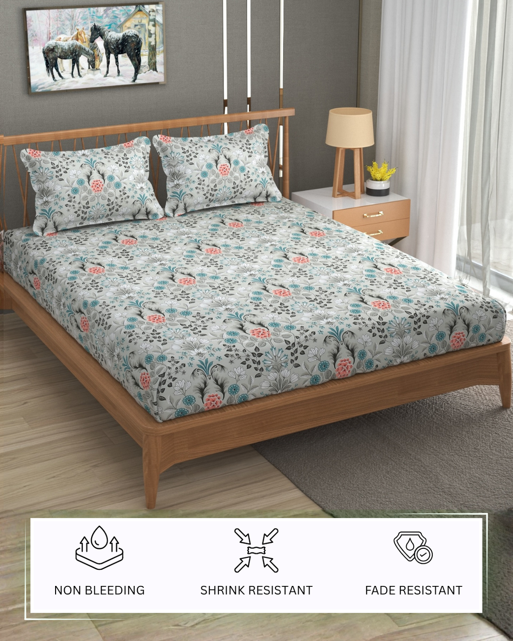 Furnofy 140 GSM Double Bedsheet (90x100 Inches) with 2 Pillow Covers (Flat, White-Blue Flowers), Soft & Durable