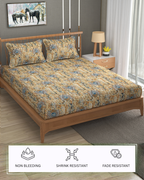 Furnofy Premium Tie & Dye Printed Double Bedsheet (90x100 Inches) with 2 Pillow Covers (Flat, Geometric) - Mustard and Turquoise