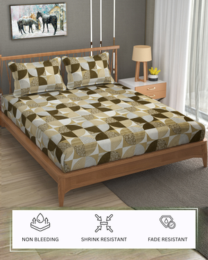 Furnofy Premium Printed Double Bedsheet (90x100 Inches) with 2 Pillow Covers (Flat, Geometric) - Mustard and Whited