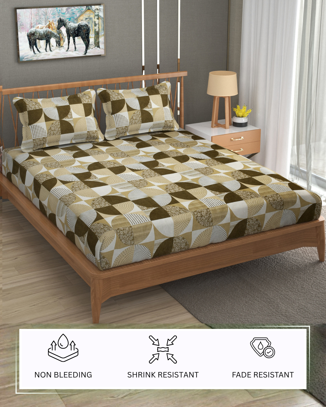 Furnofy Premium Printed Double Bedsheet (90x100 Inches) with 2 Pillow Covers (Flat, Geometric) - Mustard and Whited