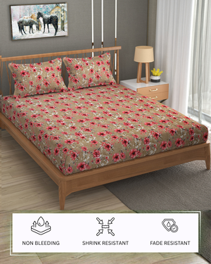 Furnofy Premium Printed Double Bedsheet (90x100 Inches) with 2 Pillow Covers (Flat, Floral) - Brown and Pink
